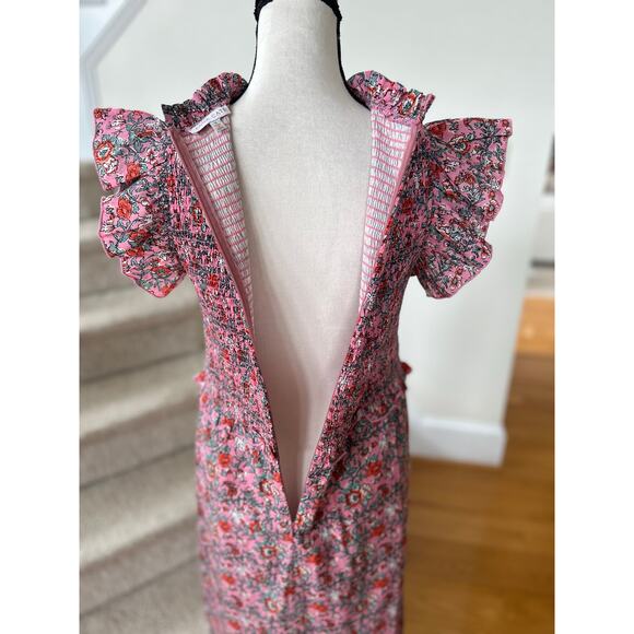 Anna Cate Pink Floral Block Print Shirred Ruffle Sleeve Midi Dress - Picture 3 of 8